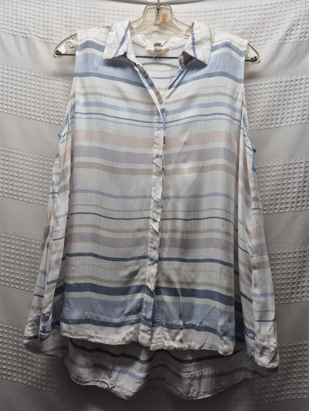Cupio Sleeveless Button Down Shirt Womens Size L Blue White Striped Tunic 8315